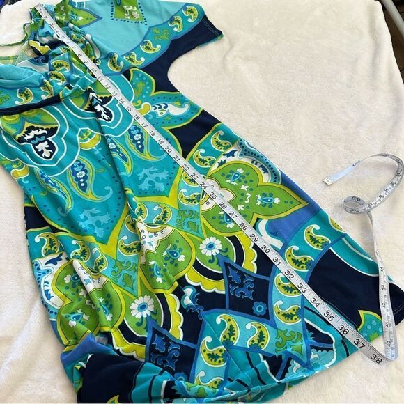Clues Collections green & blue bold print dress size M - Picture 7 of 8